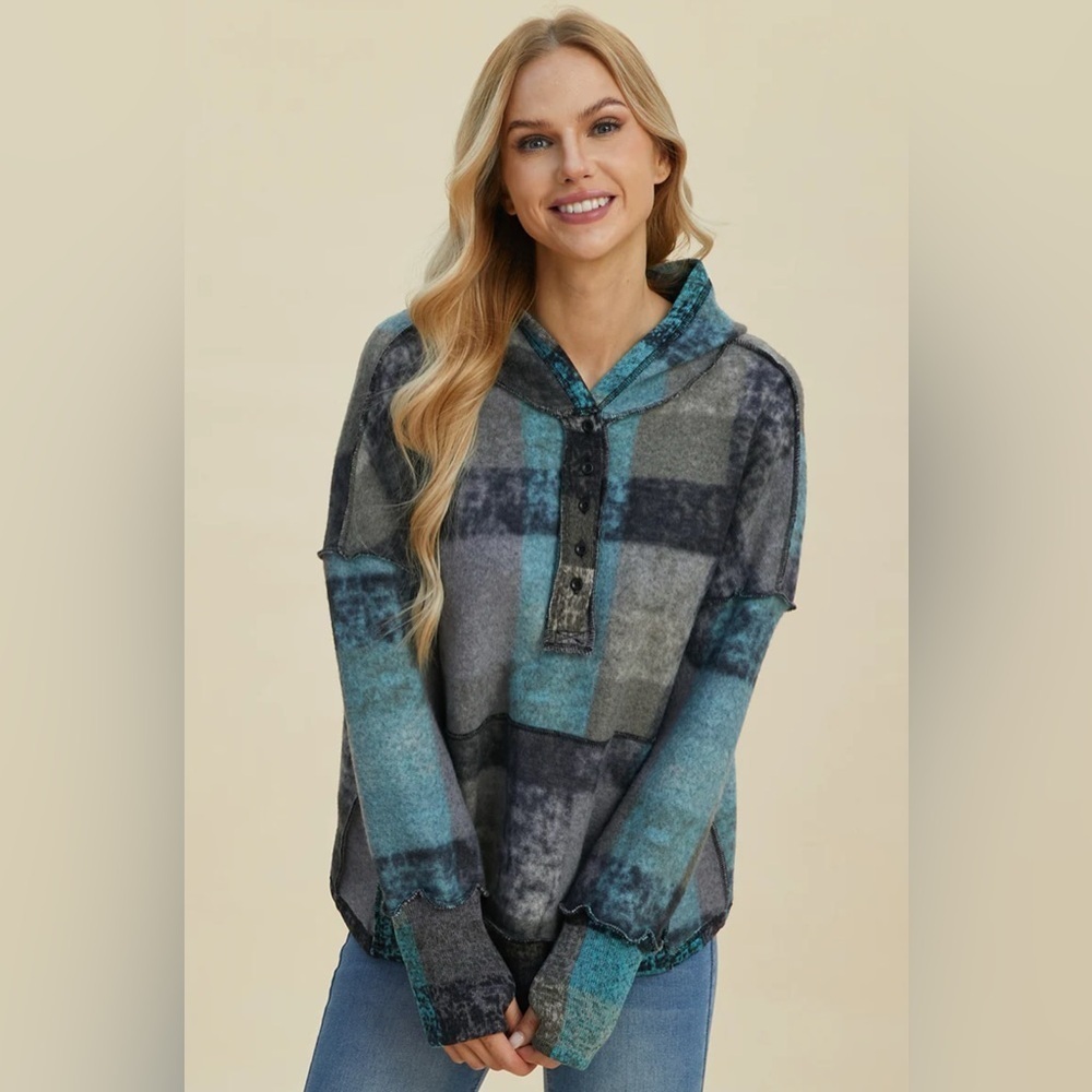 BiBi Dropped Shoulder Plaid Hooded Pullover - Picture 2 of 15